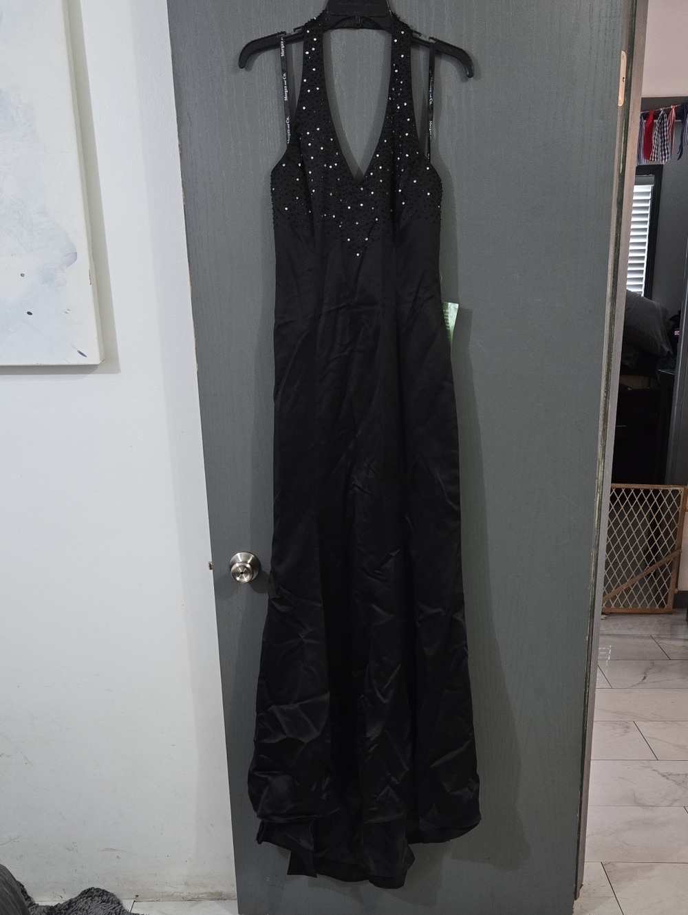 Morgan & Co. Black Beaded Halter V-Neck Prom Gown